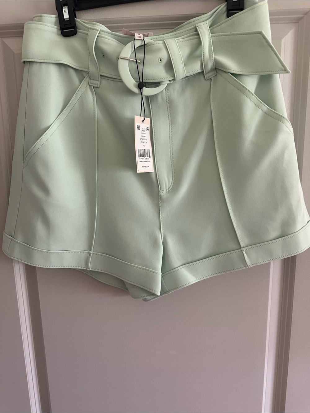 cinq a sept Mint Green High-Waist Belted Paperbag Shorts